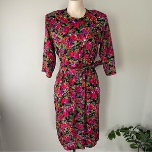 Vintage Jandabar Floral Button Down Midi Dress Belted Cinched Waist Medium Large